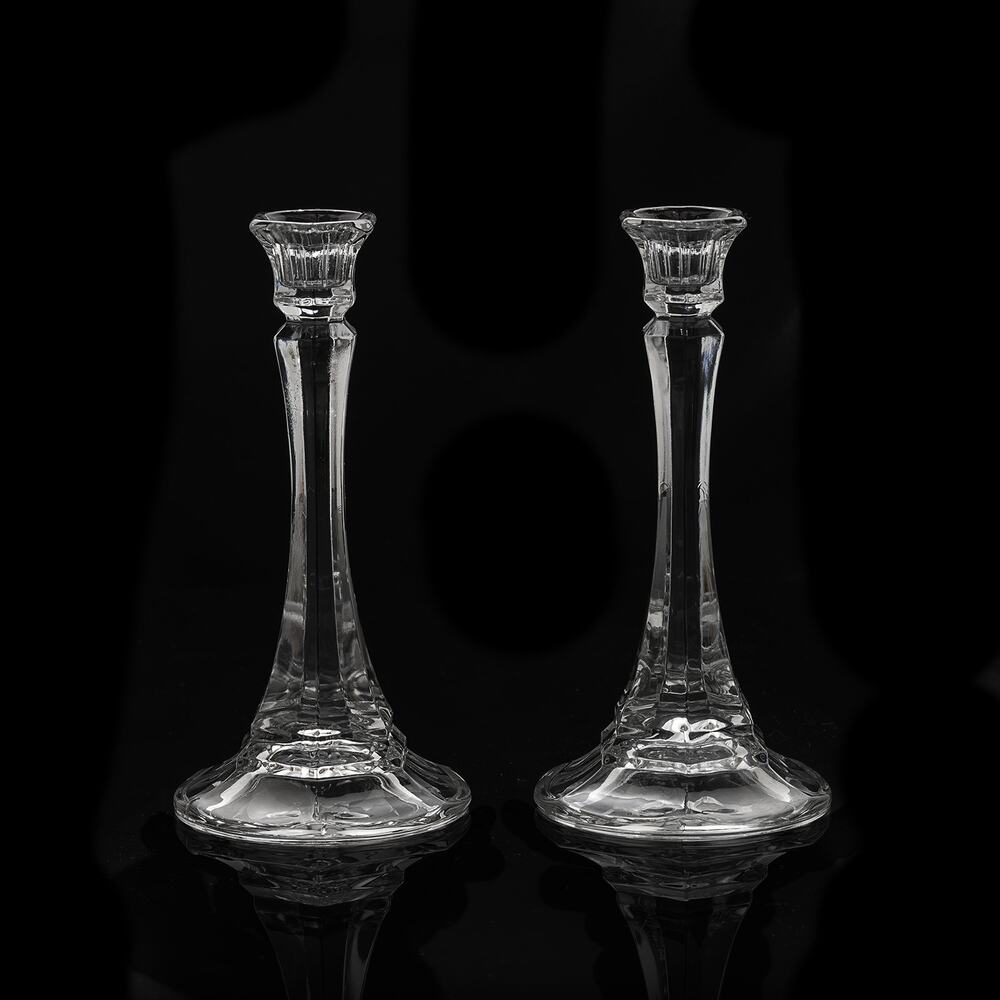 Vintage Indiana Glass 7.5" Clear Hexagonal Paneled Candlestick Holders -Set of 2